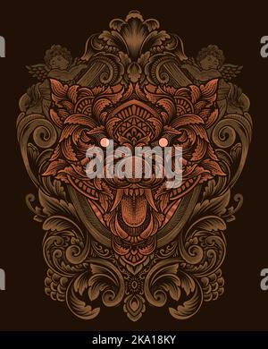 illustration wolf head with engraving ornament style Stock Vector