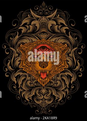 illustration wolf head mandala style with engraving ornament Stock Vector