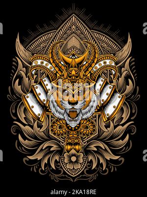 illustration tiger samurai head with engraving ornament Stock Vector