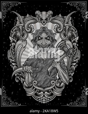 isolated scary zombie with engraving ornament frame Stock Vector