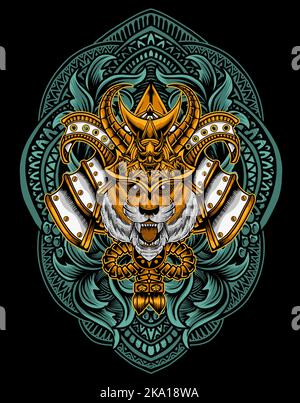 illustration tiger samurai head with engraving ornament Stock Vector