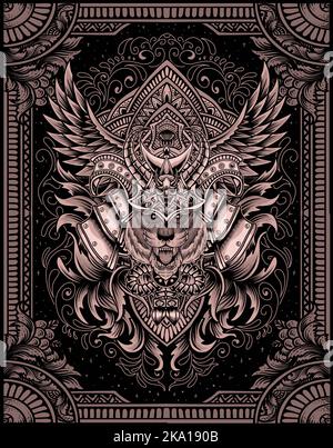 illustration tiger samurai head with engraving ornament Stock Vector