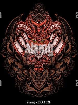 illustration tiger samurai head with engraving ornament Stock Vector