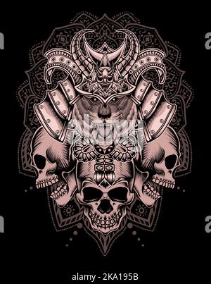 illustration tiger samurai head with engraving ornament Stock Vector