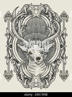 Deer skull illustration, drawing, engraving, ink, line art, vector ...