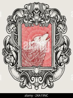 illustration vintage wolf with engraving style Stock Vector
