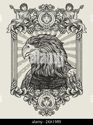 illustration vintage eagle with engraving style Stock Vector