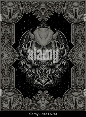 illustration demon skull with engraving ornament style Stock Vector ...