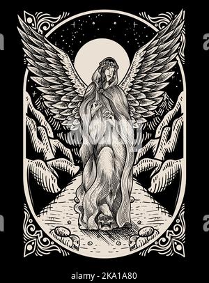illustration vintage angel with engraving style Stock Vector
