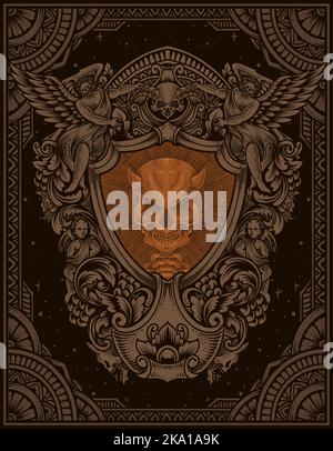illustration demon skull with engraving ornament style Stock Vector ...
