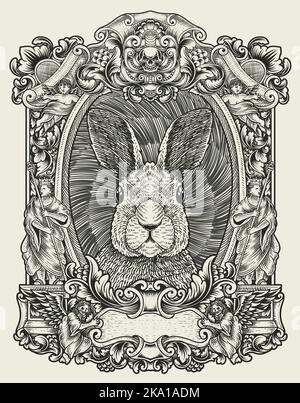 illustration vintage rabbit with engraving style Stock Vector