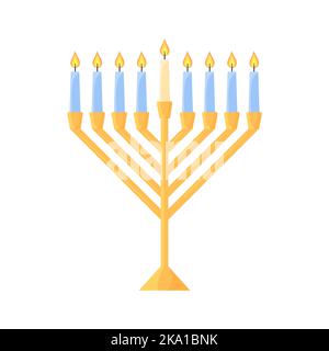 Hanukkah menorah isolated. Traditional Jewish chanukiah candle holder with nine candles on white background. Flat vector illustration. Stock Vector