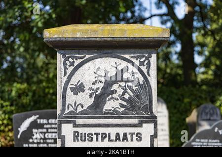 Marum, The Netherlands - September 2, 2022: Old grave with tree and butterfly symbol at graveyard in Marum in municipality Westerkwartier in Groningen province the Netherlands Stock Photo