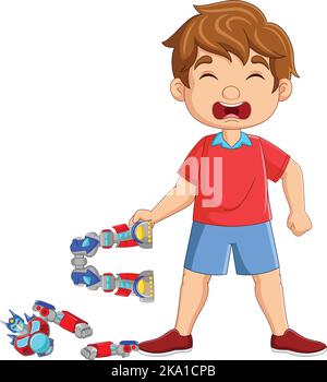 Cartoon little boy crying because robot toy broken Stock Vector