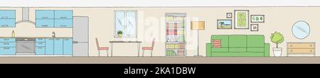 Apartment interior graphic color long sketch illustration vector Stock Vector