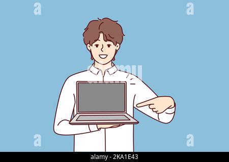 Smiling young man point at modern laptop with mockup screen. Happy male show contemporary computer. Tech and gadget application. Vector illustration.  Stock Vector