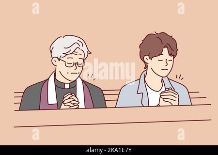 Man and priest praying in church. Guy and pastor with prayer hands pray in cathedral. Religion and faith. Vector illustration.  Stock Vector