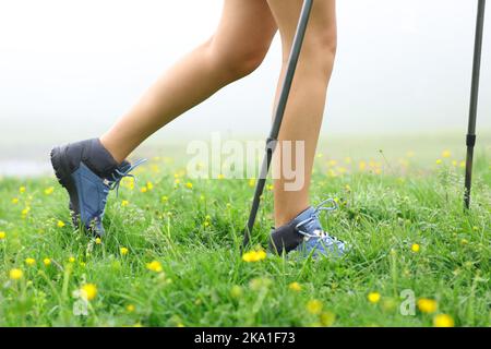 Close up portrait of a hiker legs walking on the grass Stock Photo