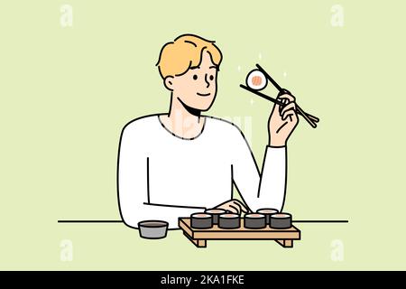 Smiling man sit at table in restaurant eating sushi with chopsticks. Happy guy enjoy traditional Asian food in cafe or bar. Vector illustration.  Stock Vector