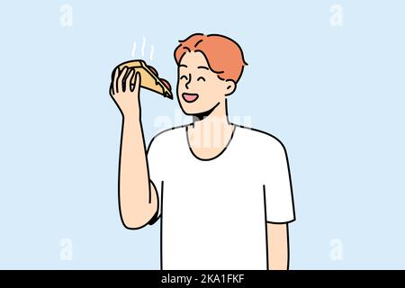 Smiling young man eating slice of pizza. Happy guy enjoy delicious Italian fast food. Cuisine concept. Vector illustration.  Stock Vector