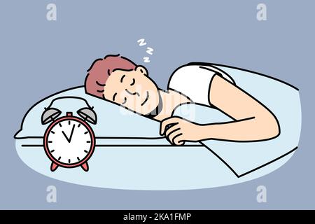 Happy guy lying in bed sleeping peacefully. Smiling calm young man relax nap in bedroom. Relaxation and daydreaming. Vector illustration. Stock Vector