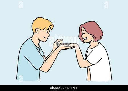 Loving man make proposal to excited woman. Caring happy male put engagement ring on smiling female finger. Marriage and relationship goal. Vector illustration.  Stock Vector
