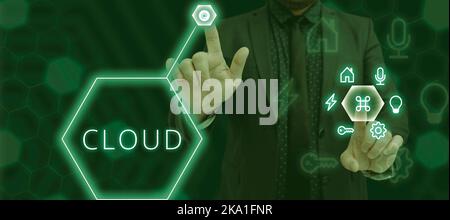 Text sign showing Cloud. Business showcase running workloads remotely over internet in commercial provider data Businessman Pointing With Two Fingers Stock Photo