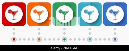 Tropical drink, alcohol, bar, martini in glass vector icons, infographic template, set of flat design symbols in 5 color options Stock Vector