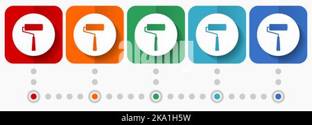 Roll painter, roller vector icons, infographic template, set of flat design symbols in 5 color options Stock Vector
