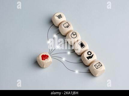 Virtual cloud computing technology or virtualization in cloud computing concept. Wooden cubes linked with transfer communication lines. Stock Photo