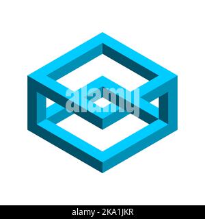Blue impossible rectangle. Esher penrose geometric object. 3D Isometric shape with overlapping sides. Optical illusion, visual perception, op art. Stock Vector