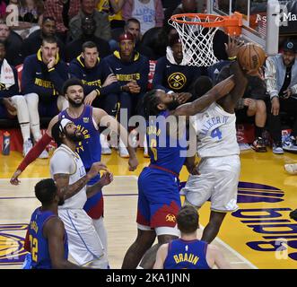 Los Angeles, United States. 30th Oct, 2022. Denver Nuggets center DeAndre Jordan (6) fouls Los Angeles Lakers guard Lonnie Walker Jr. (4) during the second half of their NBA game at Crypto.com Arena in Los Angeles on Sunday, October 30, 2022. Photo by Jim Ruymen/UPI Credit: UPI/Alamy Live News Stock Photo