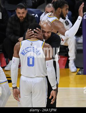 Los Angeles, United States. 30th Oct, 2022. Los Angeles Lakers coach Darlin Ham gives guard Russell Westbrook a hug in the second half of their NBA game against the Denver Nuggets at Crypto.com Arena in Los Angeles on Sunday, October 30, 2022. Westbrook finished with 18 points, eight rebounds and eight assists in the Lakers' first win of the season. Photo by Jim Ruymen/UPI Credit: UPI/Alamy Live News Stock Photo