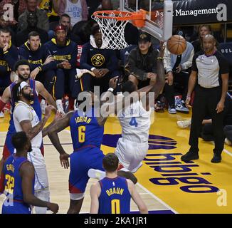 Los Angeles, United States. 30th Oct, 2022. Denver Nuggets center DeAndre Jordan (6) fouls Los Angeles Lakers guard Lonnie Walker Jr.(4) during the second half of their NBA game at Crypto.com Arena in Los Angeles on Sunday, October 30, 2022. Photo by Jim Ruymen/UPI Credit: UPI/Alamy Live News Stock Photo