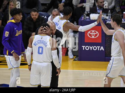 Los Angeles, United States. 30th Oct, 2022. Los Angeles Lakers coach Darlin Ham gives guard Russell Westbrook a hug in the second half of their NBA game against the Denver Nuggets at Crypto.com Arena in Los Angeles on Sunday, October 30, 2022. Westbrook finished with 18 points, eight rebounds and eight assists in the Lakers' first win of the season. Photo by Jim Ruymen/UPI Credit: UPI/Alamy Live News Stock Photo