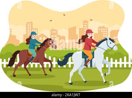 Horse Racing Competition in a Racecourse with Equestrian Performance Sport and Rider or Jockeys on Flat Cartoon Hand Drawn Templates Illustration Stock Vector