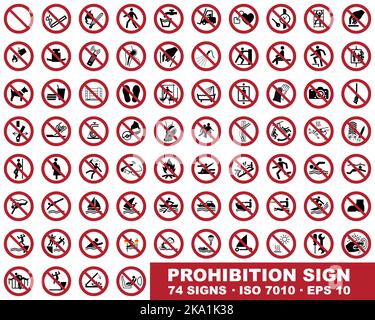 Prohibition signs, vector illustration set, ISO 7010 prohibition signs in original colours. Set of warning sign in eps 10 scalable. Perfect pixel. Stock Vector