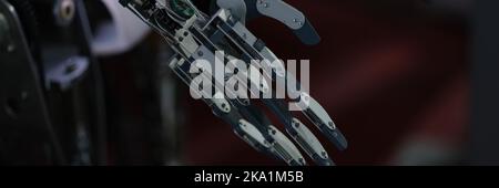 Dark metal robot arm. Technology and science concept Stock Photo