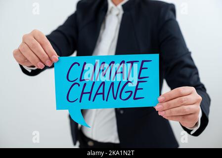Conceptual caption Climate Change. Word for Programs used in Storing Accessing data over the internet Businesswoman Holding Speech Bubble With Stock Photo
