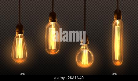 Set of hanging Edison light bulbs, vector illustration Stock Vector