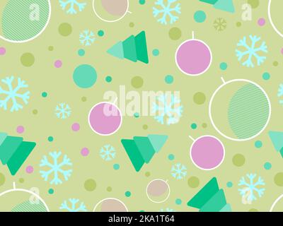 Christmas memphis seamless pattern with snowflakes and christmas decorations and geometric shapes in 80s style. Festive background for greeting cards, Stock Vector
