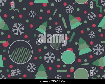 Christmas seamless pattern with snowflakes and christmas decorations and geometric shapes in 80s style. Festive background for greeting cards, wrappin Stock Vector