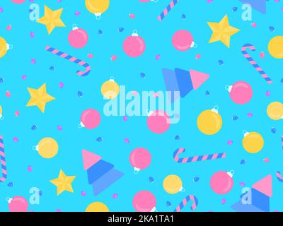 Christmas seamless pattern with Christmas trees and Christmas balls, stars and candies. Xmas ornaments for greeting cards, wrapping paper, banners and Stock Vector