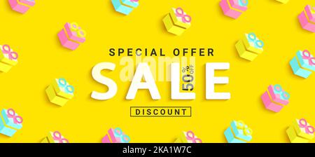 Sale inviting banner with gift boxes pattern. Stock Vector