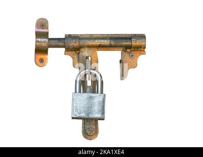 Isolated old padlock and bolt on white background, silver color padlock and brass bolt, used and weathered condition. Stock Photo