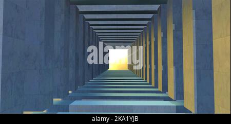 A light in the end of a tunnel. Concrete square structures are lined up. The sun shines at the end. 3d render. Stock Photo