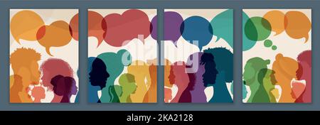 Speech bubble.Silhouette heads men and women in profile.Talking dialogue and inform.Communicate between a group of multicultural people who talk. Team Stock Vector