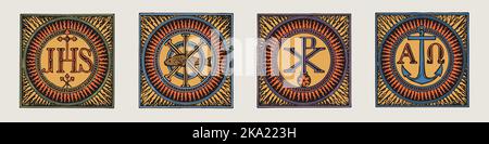 Catholic Symbols vector set of 4, vintage engraving. Catholic symbolism Stock Vector