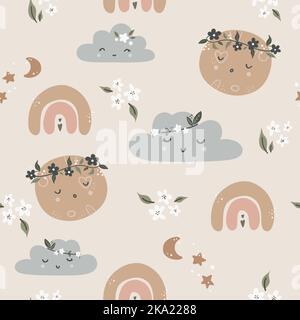 Cute seamless childish simple pattern for kids with cute moons and stars in Scandinavian style. Baby pattern with night sky. Fabric design. Stock Vector
