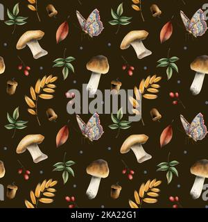 Fall seamless pattern with mushrooms, fallen leaves, acorns, berries and butterflies on dark brown background, best for gift wrapping paper, fabrics Stock Photo